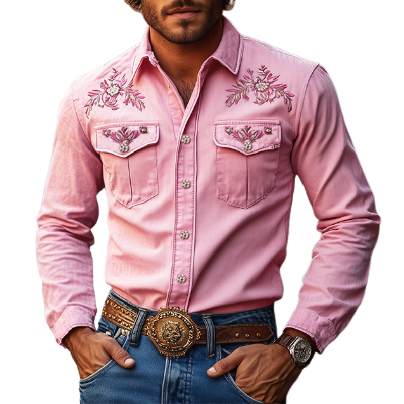【24-hour shipping out】Men's American Retro Western Style Cotton Blend Embroidered Long Sleeve Shirt 96546825K