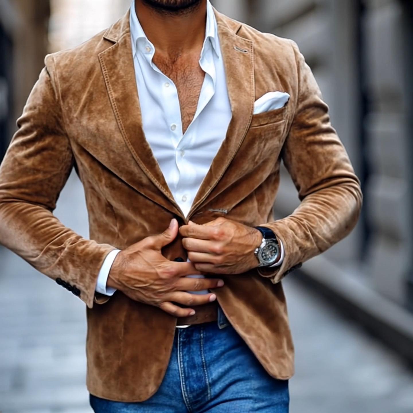 【24-hour shipping out】Men's Fashion Solid Suede Notch Lapel Two Buttons Casual Blazer 01543684Z