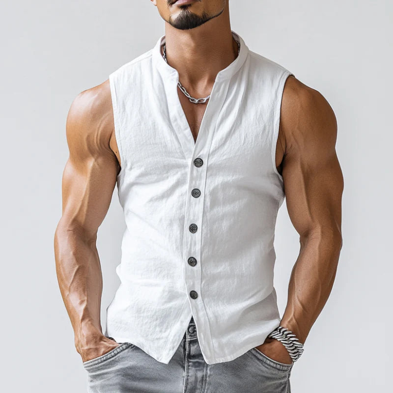 【24-hour shipping out】Men's Casual Comfort Cotton Stand Collar Single Breasted Sleeveless Shirt MTA0203D3M