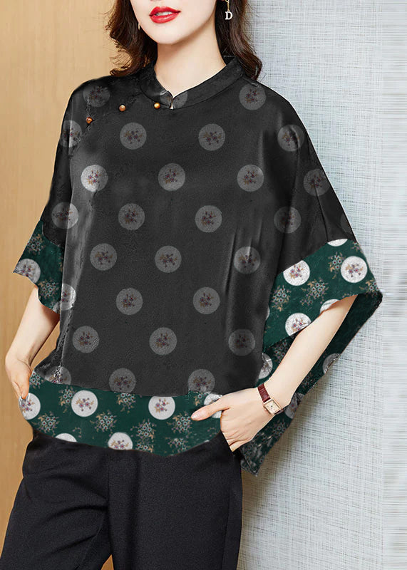 Vintage Black Mandarin Collar Asymmetrical Patchwork Jacquard Silk Shirts Batwing Sleeve