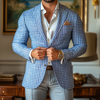 【24-hour shipping out】Men's Fashion Spring Summer Checked Notch Lapel Two Buttons Blazer 49679215Z