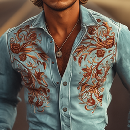 【24-hour shipping out】Men's Classic American Retro Western Suede Embroidered Long Sleeve Shirt 83858595K