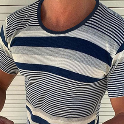Men's Spring and Summer Casual Horizontal Stripe Knit Short Sleeve T-Shirt MTA1978C7K