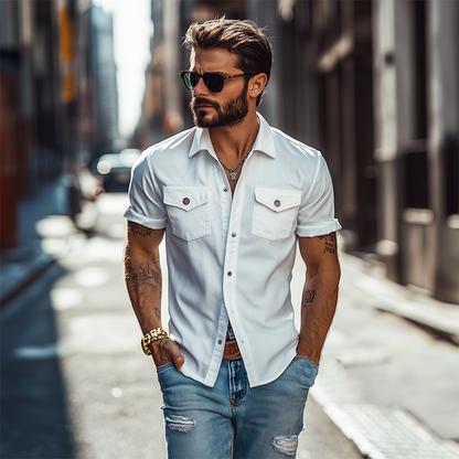 【24-hour shipping out】Men's Classic Casual Solid Color Slim Fit Multi-Pocket Polyester Cotton Short Sleeve Shirt 39582391K