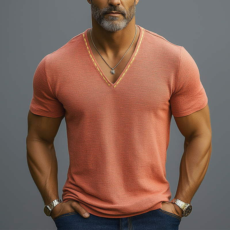 Men's Summer Lightweight Embroidered Linen V-Neck Short Sleeve T-Shirt MTA0487F2P