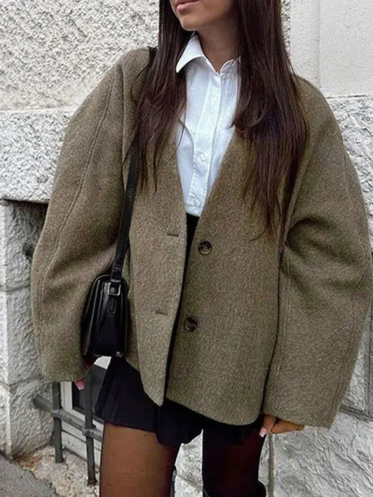 Women’s UK Wool Blend Coat – Buttoned Pocket Mid-Length for Autumn & Winter