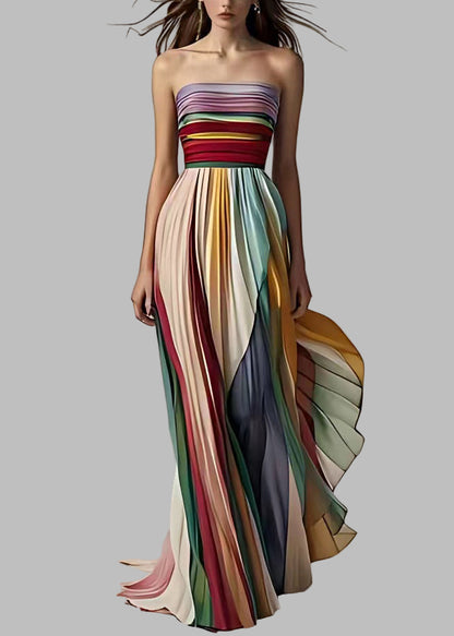 Slim Fit Striped Cold Shoulder Wrinkled Long Dress Sleeveless