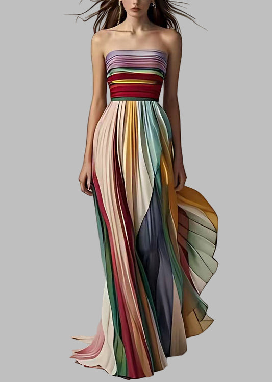 Slim Fit Striped Cold Shoulder Wrinkled Long Dress Sleeveless