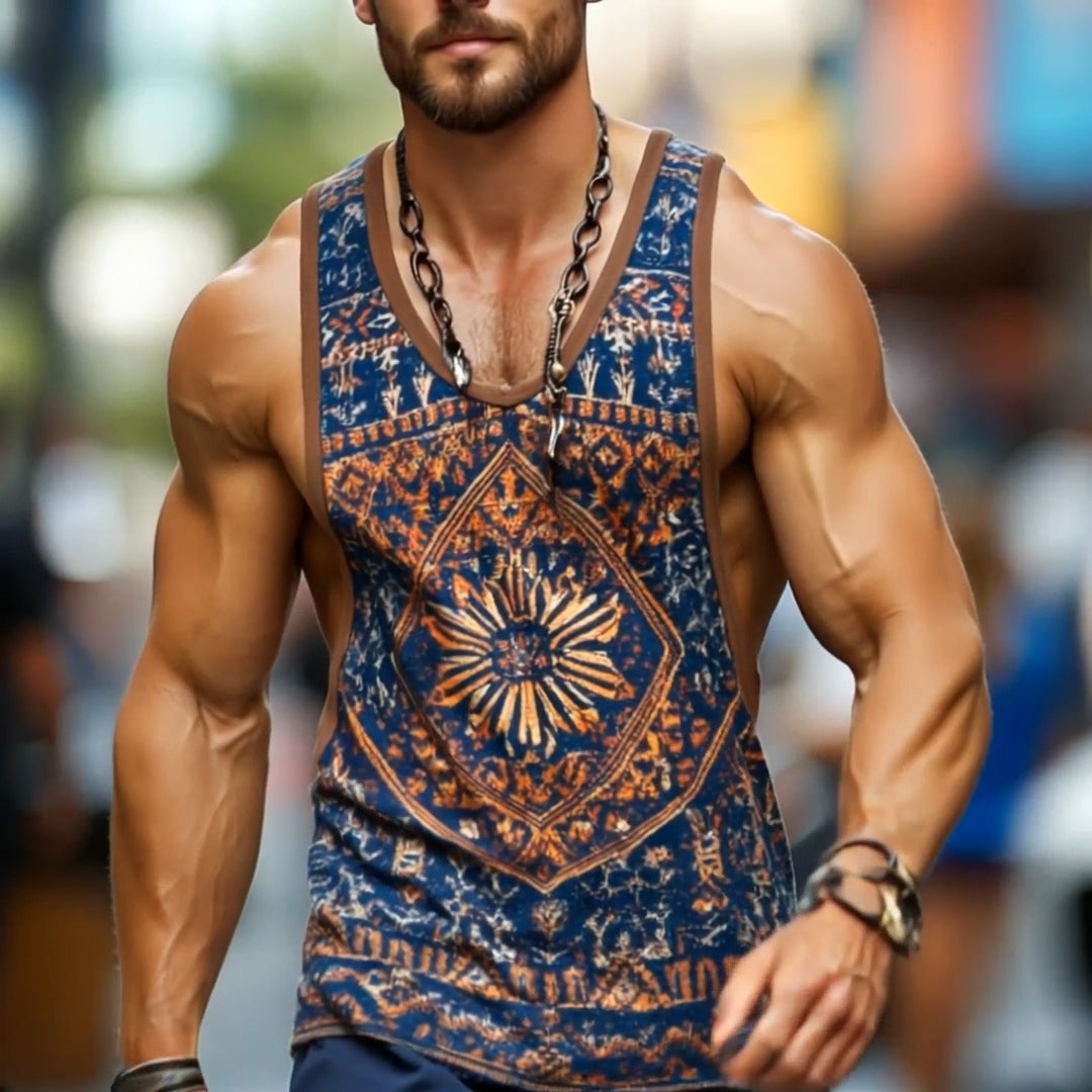 【24-hour shipping out】Men's Retro Casual Ethnic Style Geometric Print Round Neck Tank Top 99953934TO
