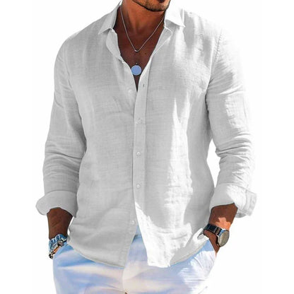 Men's Cotton and Linen Casual Solid Color Lapel Shirt Long Sleevs