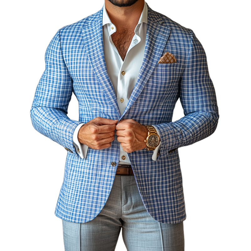 【24-hour shipping out】Men's Fashion Spring Summer Checked Notch Lapel Two Buttons Blazer 49679215Z