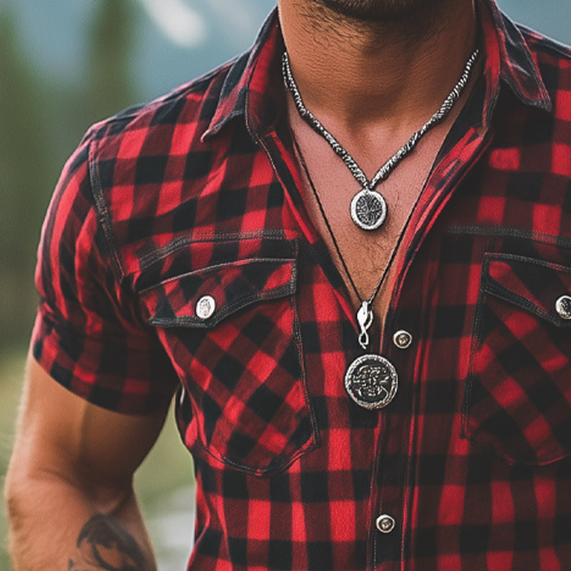 Men's Summer Retro Red And Black Plaid Button Short Sleeve Shirt MTA2678E3U