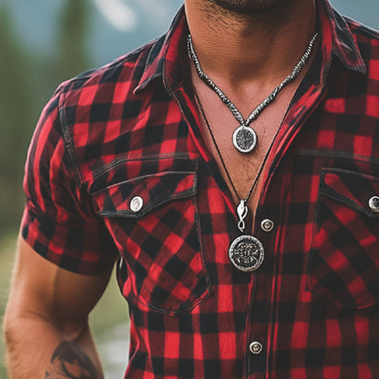 Men's Summer Retro Red And Black Plaid Button Short Sleeve Shirt MTA2678E3U