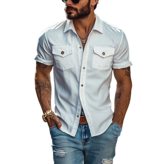 【24-hour shipping out】Men's Classic Casual Solid Color Slim Fit Multi-Pocket Polyester Cotton Short Sleeve Shirt 39582391K