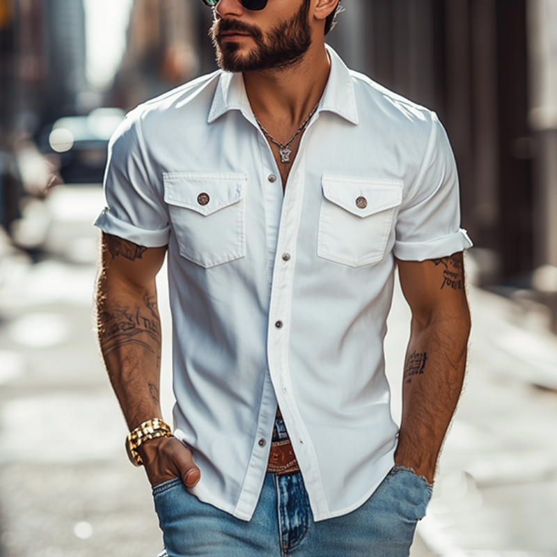 【24-hour shipping out】Men's Classic Casual Solid Color Slim Fit Multi-Pocket Polyester Cotton Short Sleeve Shirt 39582391K
