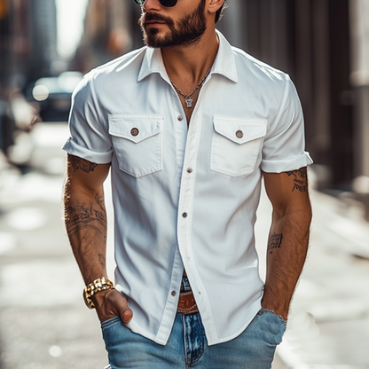【24-hour shipping out】Men's Classic Casual Solid Color Slim Fit Multi-Pocket Polyester Cotton Short Sleeve Shirt 39582391K