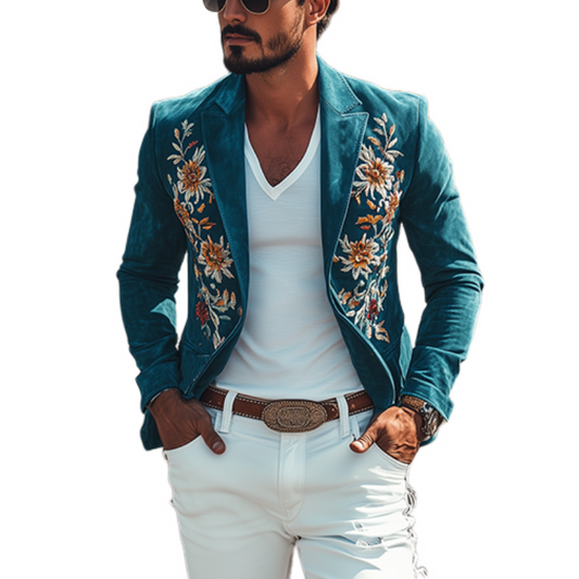 【24-hour shipping out】Men's Classic Retro Casual Slim Fit Western Style Embroidered Sheepskin Suede Blazer 67207851K
