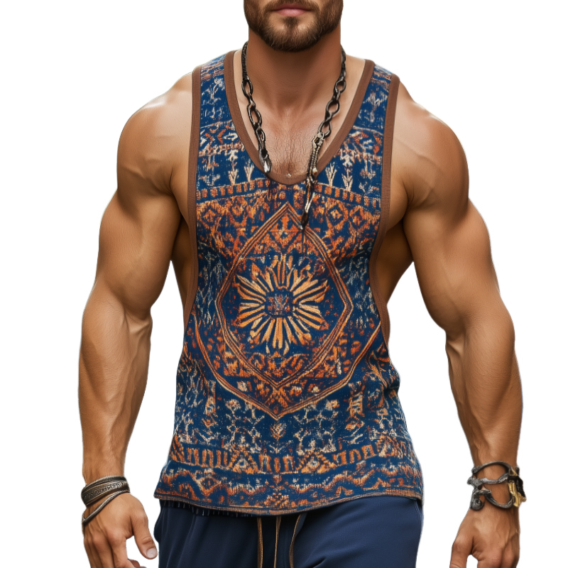 【24-hour shipping out】Men's Retro Casual Ethnic Style Geometric Print Round Neck Tank Top 99953934TO