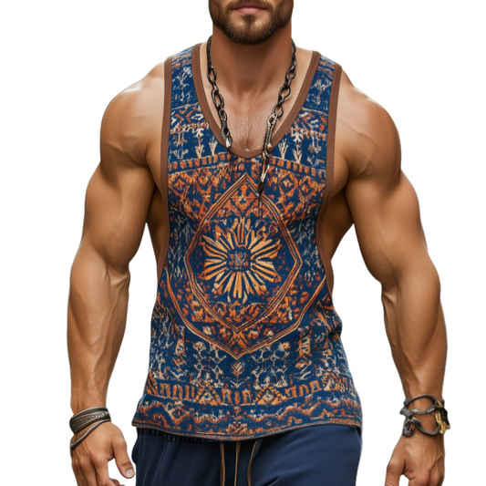 【24-hour shipping out】Men's Retro Casual Ethnic Style Geometric Print Round Neck Tank Top 99953934TO
