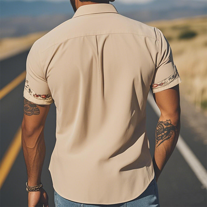 【24-hour shipping out】Men's Spring/Summer Fashion Retro Western Style Suede Embroidered Short Sleeve Shirt MTA1533D2K