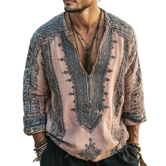 Men's Ethnic Print V Neck Long Sleeve Shirt MTA0271H6Z
