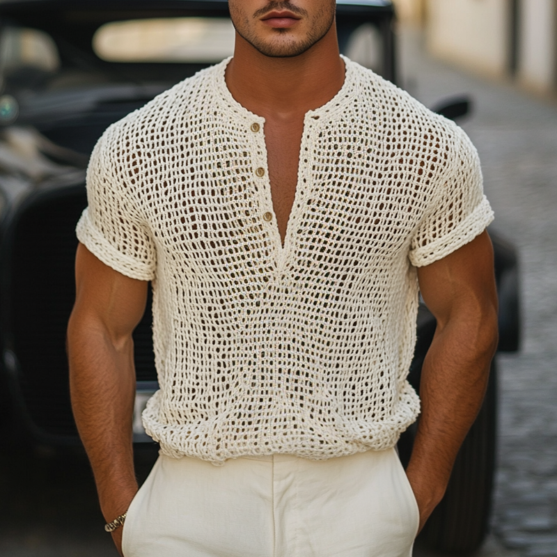 Men's Solid Knit Hollow Henley Collar Short Sleeve T-shirt MTA1643F1Z