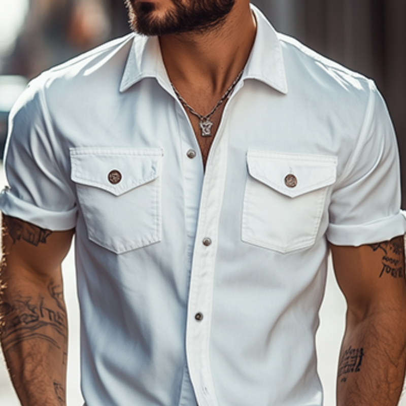 【24-hour shipping out】Men's Classic Casual Solid Color Slim Fit Multi-Pocket Polyester Cotton Short Sleeve Shirt 39582391K