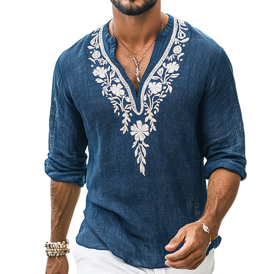 【24-hour shipping out】Men's Vintage Casual Embroidered Cotton and Linen Henley Collar Long Sleeve Shirt 39916816TO