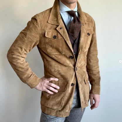 Men's Vintage Solid Suede Lapel Multi-Pocket Jacket 68521048Y