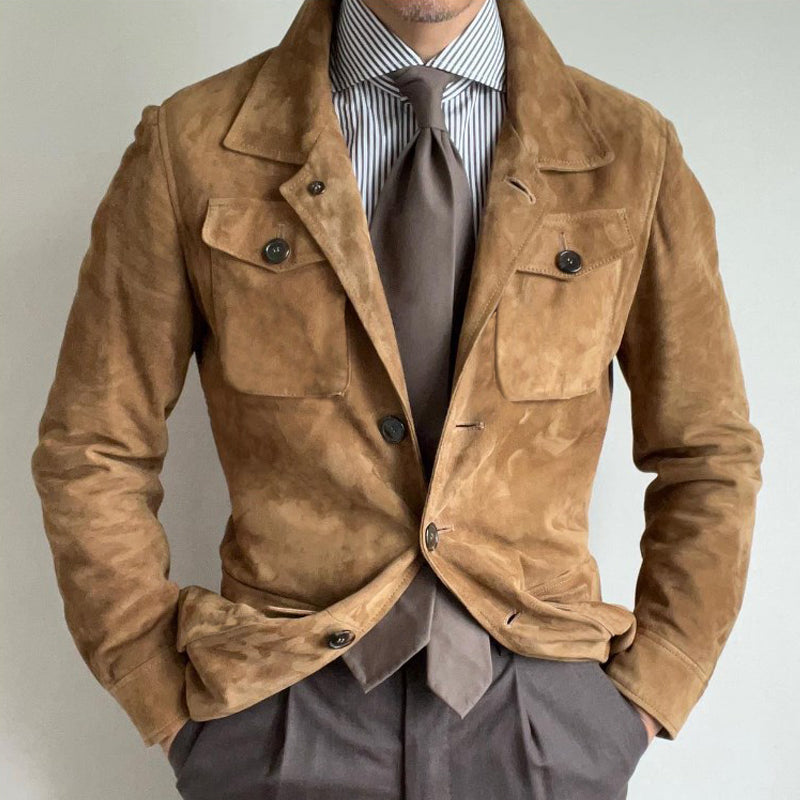 Men's Vintage Solid Suede Lapel Multi-Pocket Jacket 68521048Y