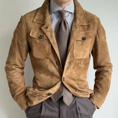 Men's Vintage Solid Suede Lapel Multi-Pocket Jacket 68521048Y