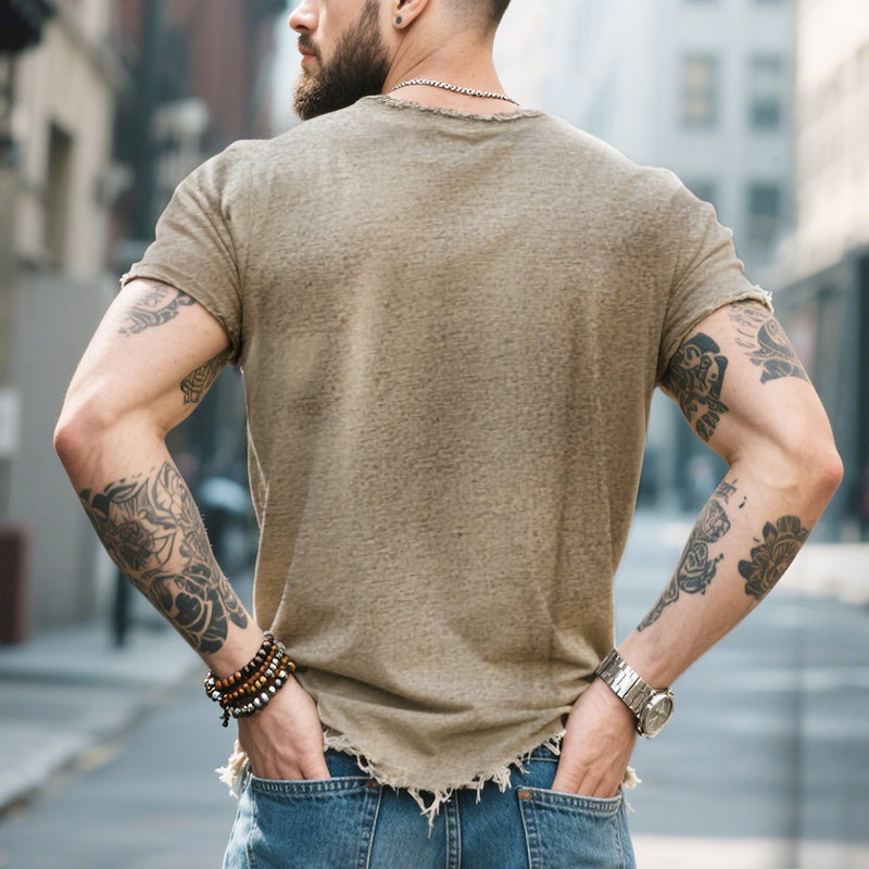 【24-hour shipping out】Men's Retro Casual Raw Edge Ripped Round Neck Short Sleeve T-Shirt MTA2587D5TO