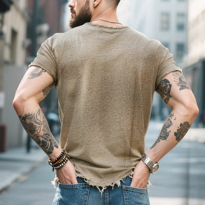 【24-hour shipping out】Men's Retro Casual Raw Edge Ripped Round Neck Short Sleeve T-Shirt MTA2587D5TO