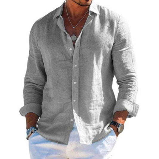 Men's Cotton and Linen Casual Solid Color Lapel Shirt Long Sleevs