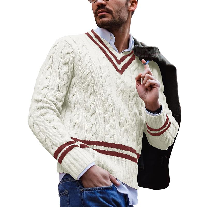 Men's Casual V-Neck Colorblock Striped Loose Knit Sweater 46504810M