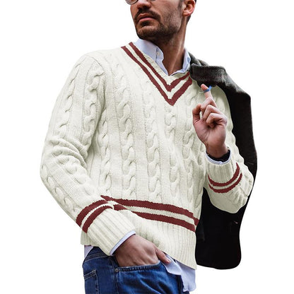 Men's Casual V-Neck Colorblock Striped Loose Knit Sweater 46504810M