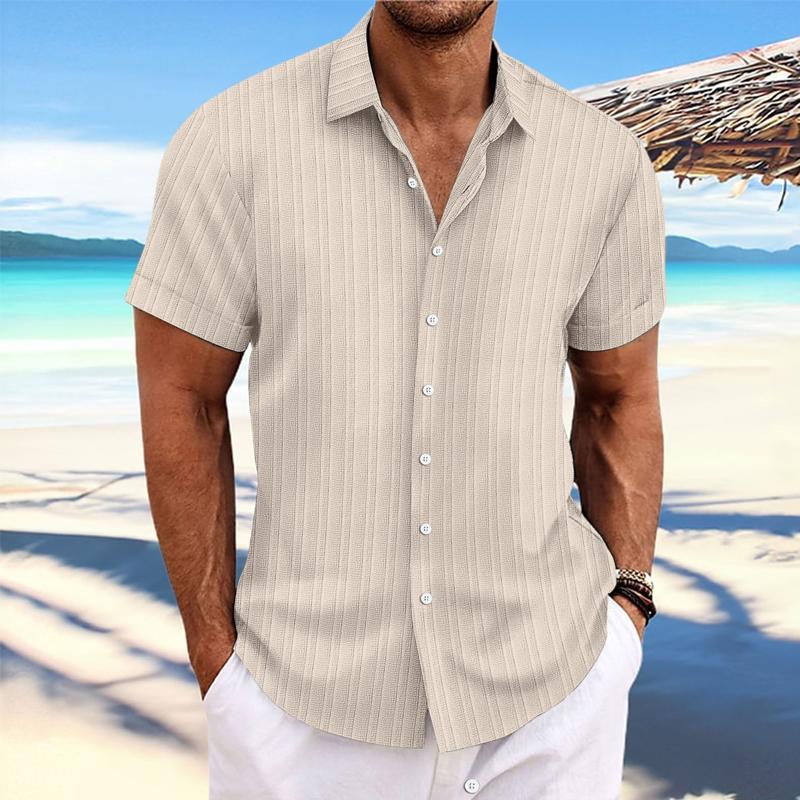 【24-hour shipping out】Men's Cotton Linen Stripe Print Loose Short Sleeve Lapel Shirt 89995369X