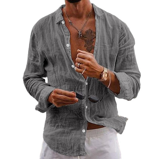 【24-hour shipping out】Men's Casual Solid Color Lapel Cotton Linen Long-Sleeved Shirt 76098441M
