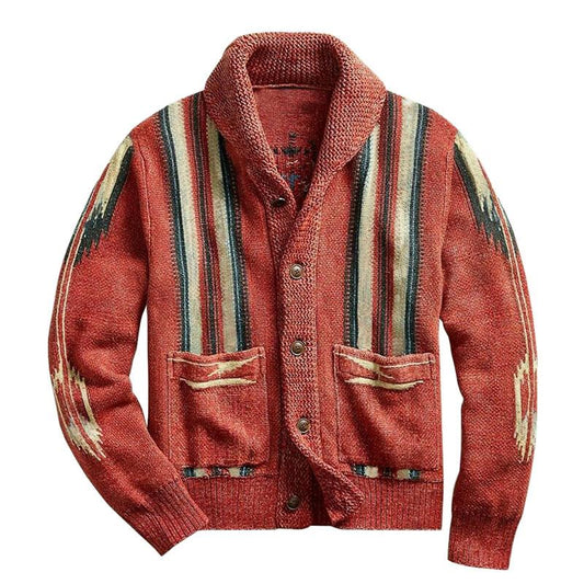 Men's Vintage Jacquard Lapel Single Breasted Long Sleeve Knit Cardigan 51482095M