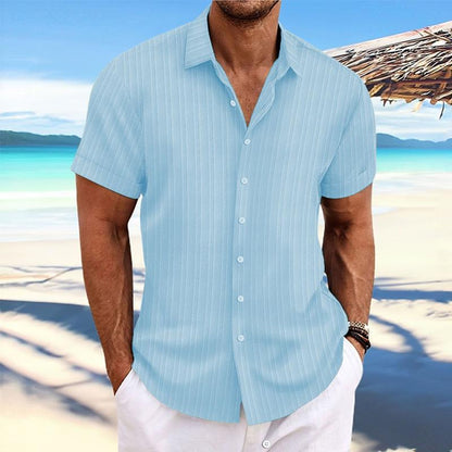 【24-hour shipping out】Men's Cotton Linen Stripe Print Loose Short Sleeve Lapel Shirt 89995369X