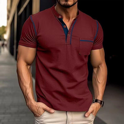 【24-hour shipping out】Men's Casual Colorblock Henley Collar Cotton Short Sleeve T-Shirt 53275107Y