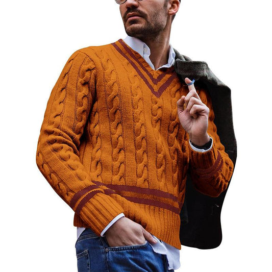 Men's Casual V-Neck Colorblock Striped Loose Knit Sweater 46504810M