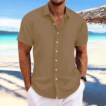 【24-hour shipping out】Men's Cotton Linen Stripe Print Loose Short Sleeve Lapel Shirt 89995369X
