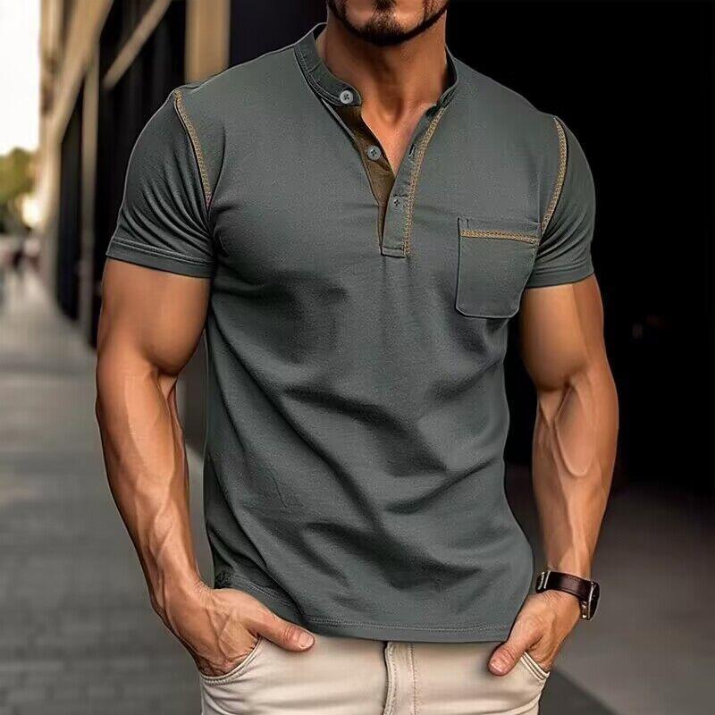 【24-hour shipping out】Men's Casual Colorblock Henley Collar Cotton Short Sleeve T-Shirt 53275107Y
