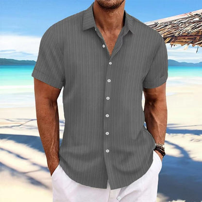 【24-hour shipping out】Men's Cotton Linen Stripe Print Loose Short Sleeve Lapel Shirt 89995369X