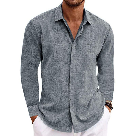 Men's Casual Solid Color Cotton Linen Lapel Slim Fit Long Sleeve Shirt