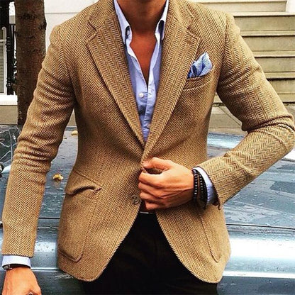 Men's Vintage Herringbone Wool Blend Lapel Single Breasted Blazer 84719153M