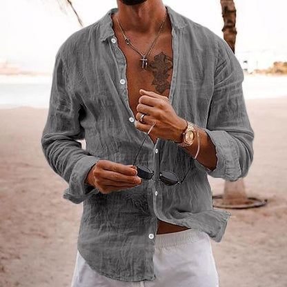 【24-hour shipping out】Men's Casual Solid Color Lapel Cotton Linen Long-Sleeved Shirt 76098441M