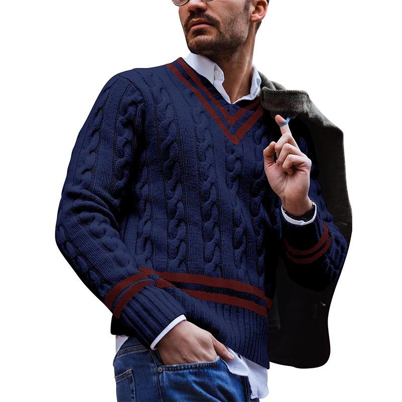 Men's Casual V-Neck Colorblock Striped Loose Knit Sweater 46504810M