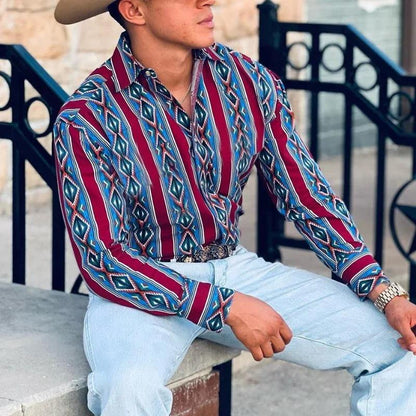 【24-hour shipping out】Men's Western Cowboy Stripe Printed Vacation Long Sleeve Shirt 43560067X
